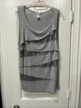 Design History Gray Layered Ruffle Tank with Studded Mesh Stripes